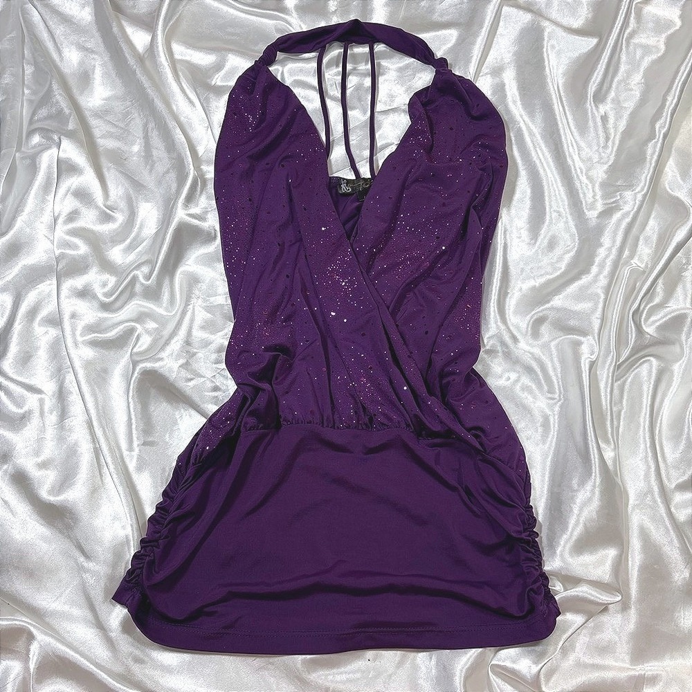 y2k Halter Top Purple Excellent Sequin Ruched V-Neck Mandee Vintage Party Top